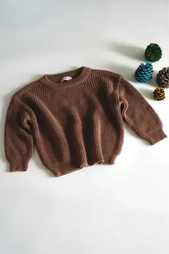 %100 Хлопок Велосипедный Вырез Детский Салоник Вязаный Трикотажный Свитер-Горький Кофе - 4