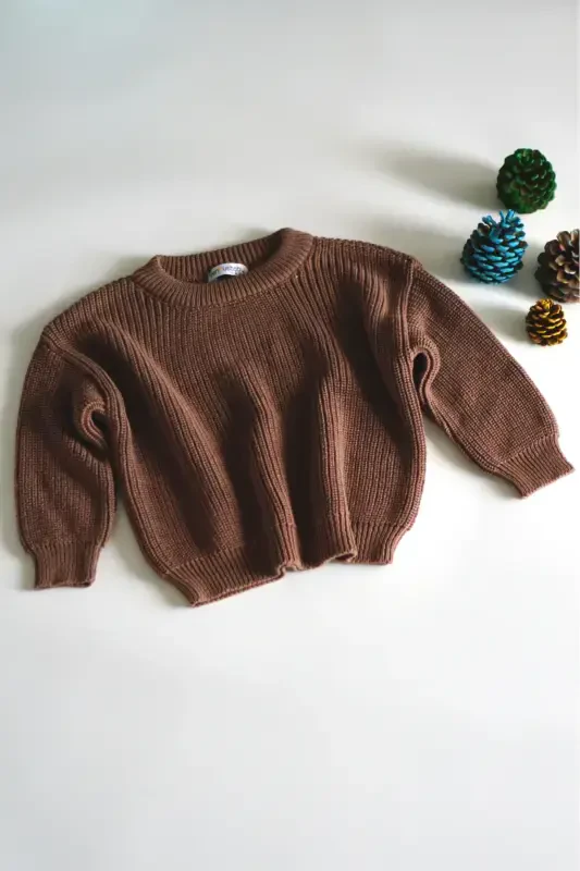 %100 Хлопок Велосипедный Вырез Детский Салоник Вязаный Трикотажный Свитер-Горький Кофе - 4