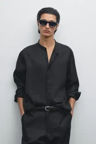 %100 zig'ir regular fit hakim yoqali ko'ylak-QORA - MASSIMO DUTTI (1)