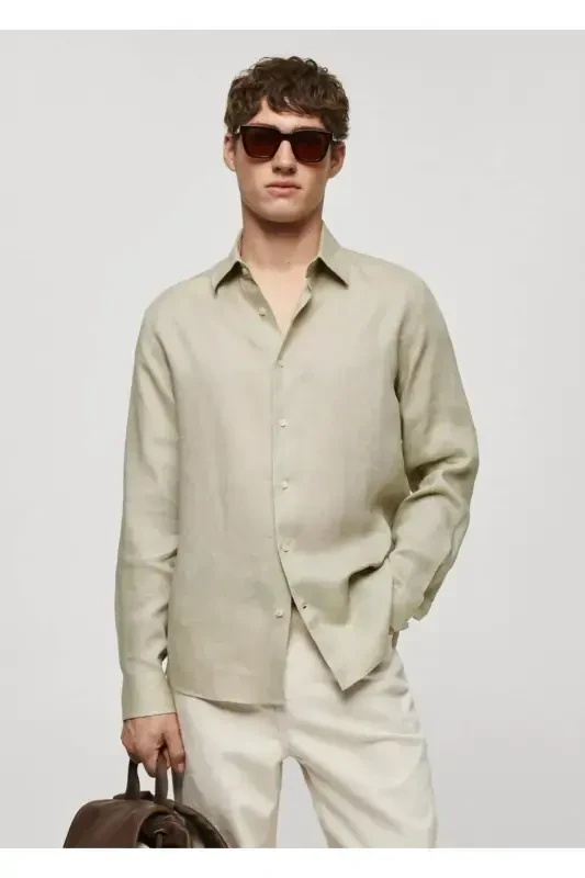 %100 Zig'ir Regular Kesim Ko'ylak-Suv Yashili - MANGO MAN