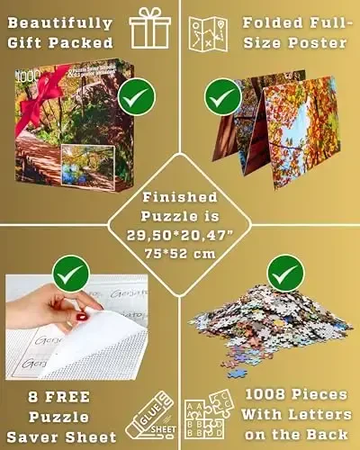 1000 Piece Puzzle for Adults – Golden Forest Trail Beside Quiet Lake in Autumn, Gift-Ready Box, Letters on Back, 8 Jigsaw Puzzle Saver Sheets & Full-Size Poster by GERJATO – Ideal Gift for Loved Ones - 6