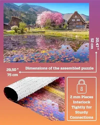 1000 Piece Puzzle for Adults – Scenic Village with Cherry Trees in Bloom, Gift-Ready Box, Letters on Back, 8 Jigsaw Puzzle Saver Sheets & Full-Size Poster by GERJATO – Ideal Gift for Loved Ones - 1000 (1)