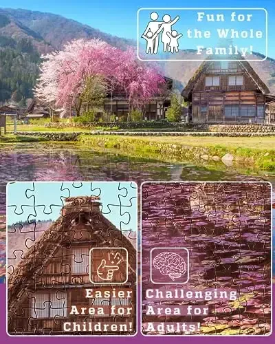 1000 Piece Puzzle for Adults – Scenic Village with Cherry Trees in Bloom, Gift-Ready Box, Letters on Back, 8 Jigsaw Puzzle Saver Sheets & Full-Size Poster by GERJATO – Ideal Gift for Loved Ones - 4
