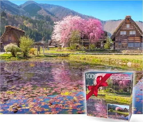 1000 Piece Puzzle for Adults – Scenic Village with Cherry Trees in Bloom, Gift-Ready Box, Letters on Back, 8 Jigsaw Puzzle Saver Sheets & Full-Size Poster by GERJATO – Ideal Gift for Loved Ones - 1000