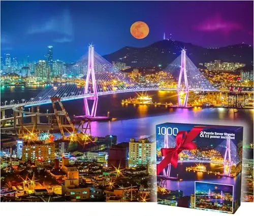 1000 Piece Puzzle for Adults – Vibrant Night Cityscape with Moonlit Bridge, Gift-Ready Box, Letters on Back, 8 Jigsaw Puzzle Saver Sheets & Full-Size Poster by GERJATO – Ideal Gift for Loved Ones - 1