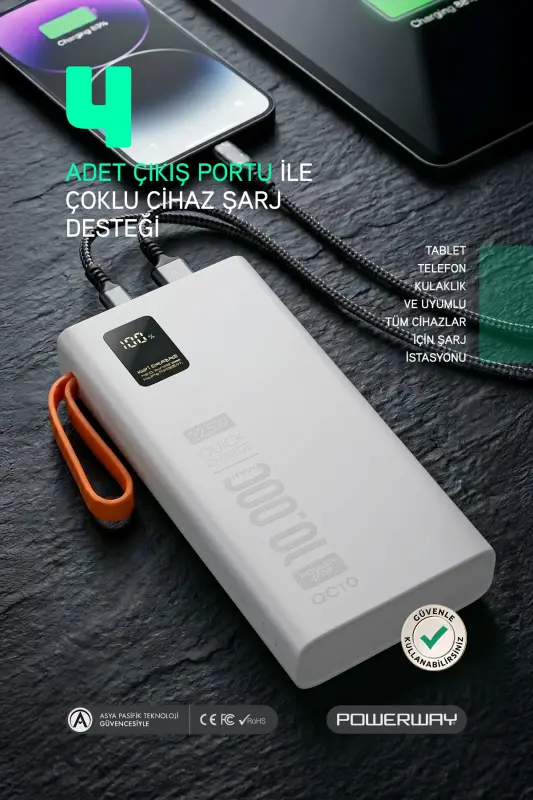10,000 mAh, 22.5W fast charging, built-in wired LED flashlight, genuine 10,000 mAh QC10 white power bank - 3