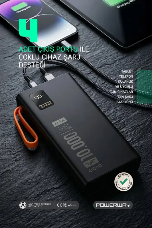 10,000 mAh, 22.5W fast charging, wired, LED flashlight, real 10,000 mAh, QC10, white power bank - 2