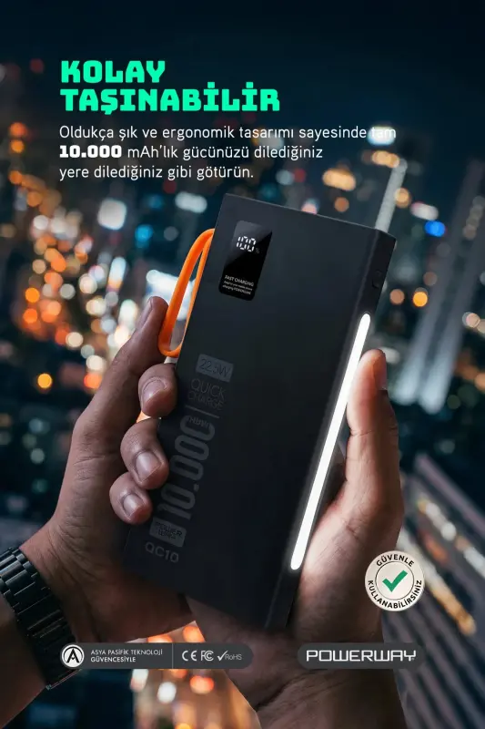 10,000 mAh, 22.5W fast charging, wired, LED flashlight, real 10,000 mAh, QC10, white power bank - 3