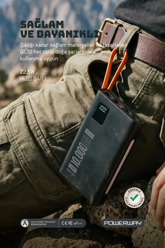 10,000 mAh, 22.5W fast charging, wired, LED flashlight, real 10,000 mAh, QC10, white power bank - 4