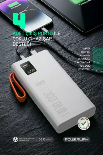 10.000 Mah Pd 22.5W Dahili Kablolu Hızlı Şarj Led Fener Gerçek 10.000 Mah QC10 Beyaz Powerbank - Beyaz - 3