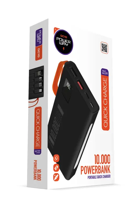 10.000 Mah Pd 22.5W Dahili Kablolu Hızlı Şarj Led Fener Gerçek 10.000 Mah QC10 Beyaz Powerbank-Siyah - 1