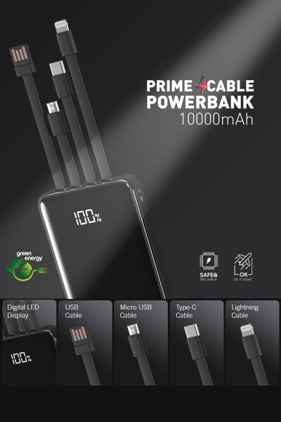 10,000 Mah Prime Digital Display Built-in Multi-Cable Power Bank, Black, Portable Charger - 2