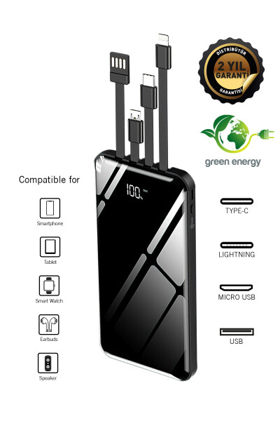 10,000 Mah Prime Digital Display Built-in Multi-Cable Power Bank, Black, Portable Charger - 15