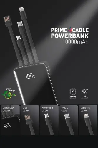 10.000 Mah Prime Dijital Göstergeli Dahili Çoklu Kablolu Powerbank,siyah,taşınabilir Şarj Cihazı - 5