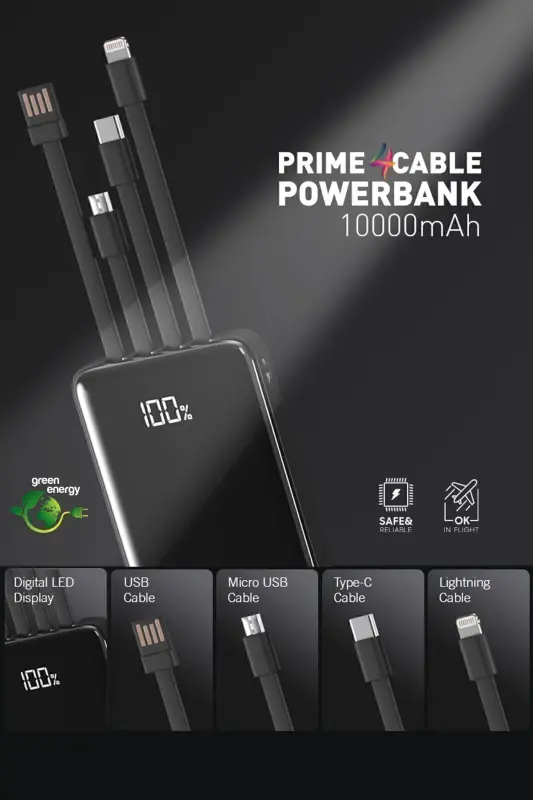 10.000 Mah Prime Dijital Göstergeli Dahili Çoklu Kablolu Powerbank,siyah,taşınabilir Şarj Cihazı - Siyah - 6