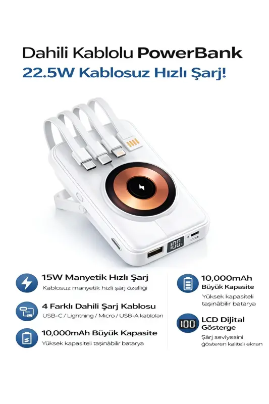 10000mAh Magsafe Kablosuz Powerbank 15W & USB 22.5W Type-C PD Hızlı Şarj Taşınabilir Güç Bankası - İnci Beyaz - ÇELIKWORK INSPIRING TECHNOLOGY