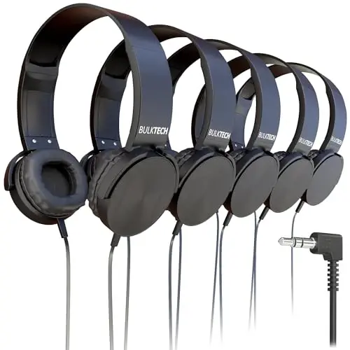1000 Pack Bulk Wired On-Ear Leather Headphones with 3.5mm Connector, Round Metal Housing, Black 