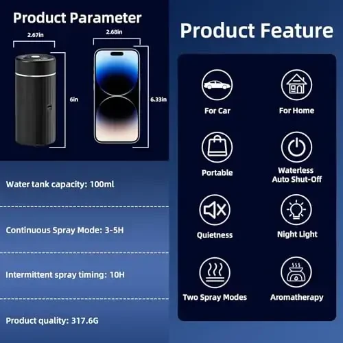 100ML efir moylari uchun avtomobil diffuzorlari, qayta zaryadlanuvchi batareyali simsiz portativ namlagich, 7 LED rang o'zgartiruvchi chiroq, avtomobil, sayohat uchun 2 ta taymer rejimi (qora) - 4