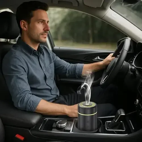 100ML efir moylari uchun avtomobil diffuzorlari, qayta zaryadlanuvchi batareyali simsiz portativ namlagich, 7 LED rang o'zgartiruvchi chiroq, avtomobil, sayohat uchun 2 ta taymer rejimi (qora) - 7