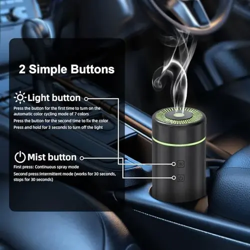 100ML efir moylari uchun avtomobil diffuzorlari, qayta zaryadlanuvchi batareyali simsiz portativ namlagich, 7 LED rang o'zgartiruvchi chiroq, avtomobil, sayohat uchun 2 ta taymer rejimi (qora) - 5