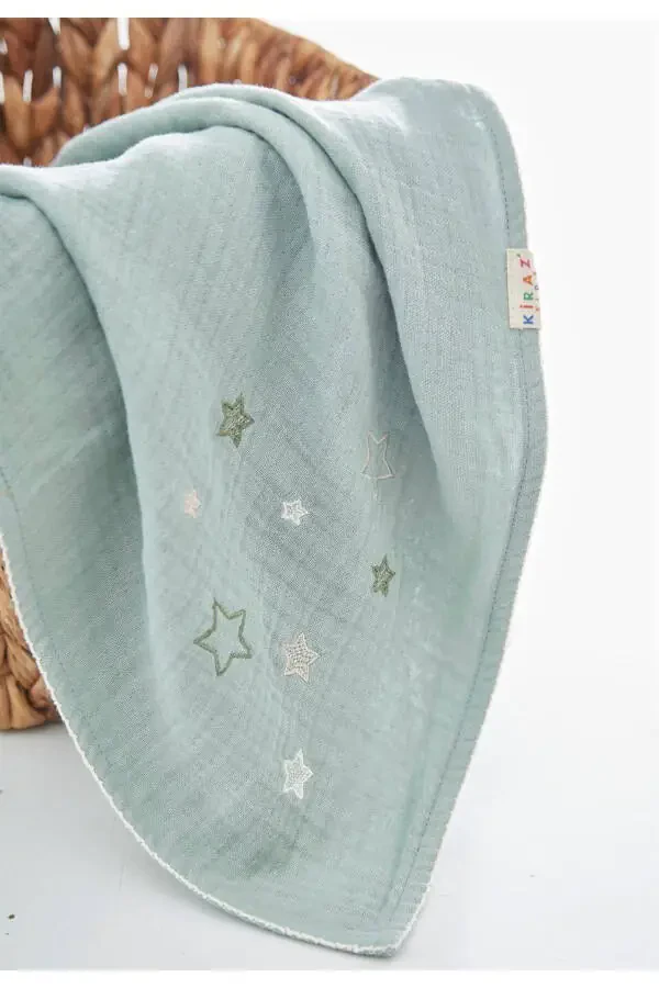 100x100 Green Star Embroidered 4 Layer Muslin Cloth - 1