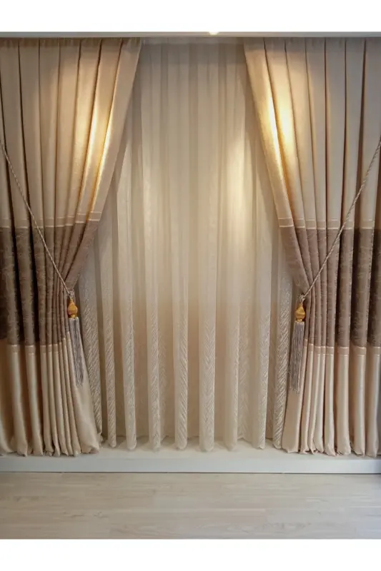 100x260 sm, krem vizon, ikki qanotli panel fon pardasi (braçol sovg'a bilan) - KN TEKSTIL