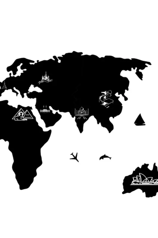 100x55 cm. Siyah Kazımalı Dünya Haritası Lazer Kesim MDF Tablo Trendy Oda Dekoru-SİYAH 2D FİBER - 2