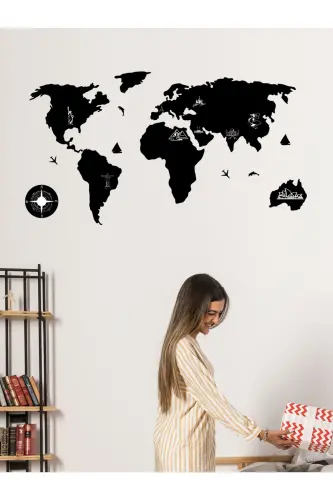 100x55 cm. Siyah Kazımalı Dünya Haritası Lazer Kesim MDF Tablo Trendy Oda Dekoru - SİYAH 2D FİBER - 1