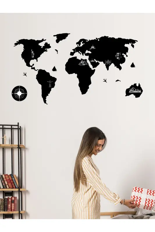 100x55 cm. Siyah Kazımalı Dünya Haritası Lazer Kesim MDF Tablo Trendy Oda Dekoru - SİYAH 2D FİBER - 1
