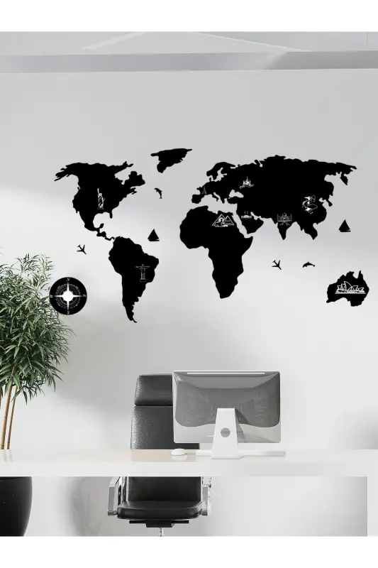 100x55 cm. Siyah Kazımalı Dünya Haritası Lazer Kesim MDF Tablo Trendy Oda Dekoru - SİYAH 2D FİBER - 3