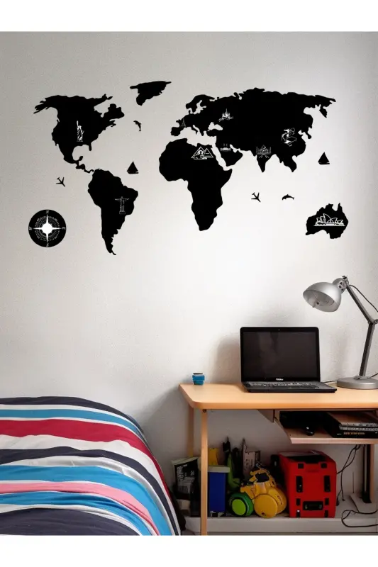 100x55 cm. Siyah Kazımalı Dünya Haritası Lazer Kesim MDF Tablo Trendy Oda Dekoru - SİYAH 2D FİBER - 5