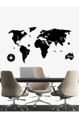 100x55 cm. Siyah Kazımalı Dünya Haritası Lazer Kesim MDF Tablo Trendy Oda Dekoru - SİYAH 2D FİBER - 6