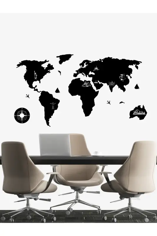100x55 cm. Siyah Kazımalı Dünya Haritası Lazer Kesim MDF Tablo Trendy Oda Dekoru - SİYAH 2D FİBER - 6