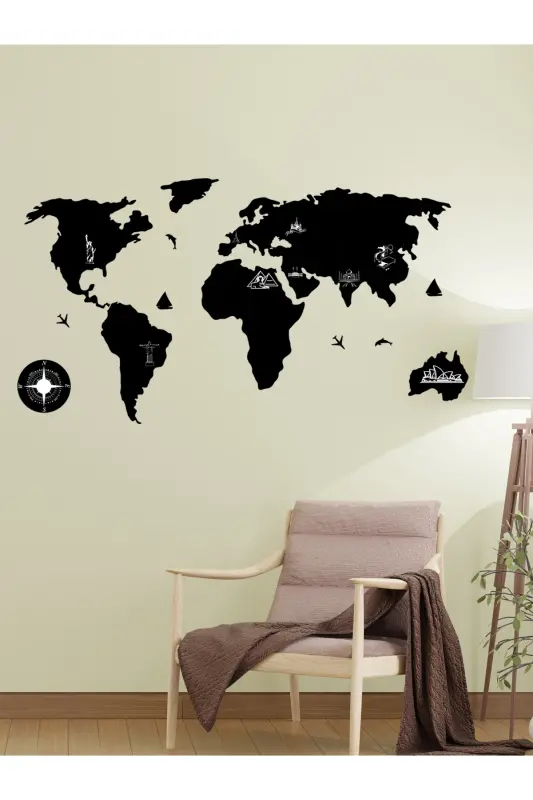 100x55 cm. Siyah Kazımalı Dünya Haritası Lazer Kesim MDF Tablo Trendy Oda Dekoru-SİYAH 2D FİBER - 4