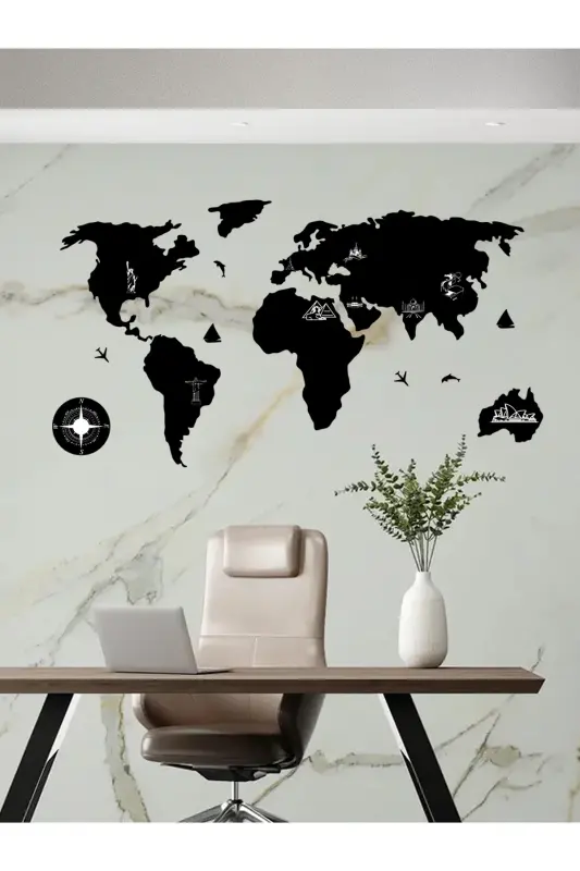 100x55 cm. Siyah Kazımalı Dünya Haritası Lazer Kesim MDF Tablo Trendy Oda Dekoru-SİYAH 2D FİBER - 7