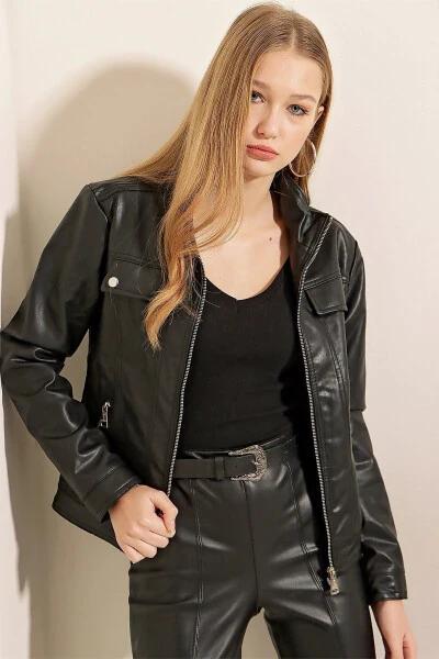 1024 Stand Collar Leather Jacket - Black - Bigdart