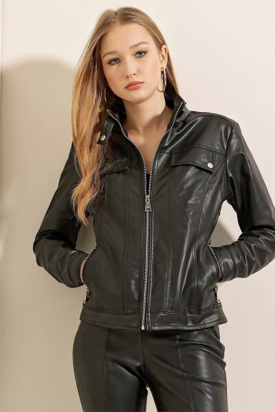 1024 Stand Collar Leather Jacket - Black - Bigdart (1)