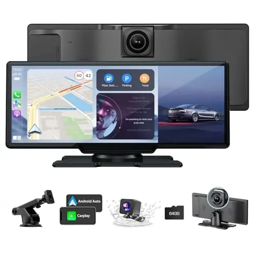 Portable Carplay Screen for Car, 10.26 Inch Wireless Car Play & Android Auto, Upgrade Touchscreen with 4K Dash Cam, Backup Camera/Mirror Link/Voice Control/Bluetooth/GPS/AUX/FM for All Vehicles - 1