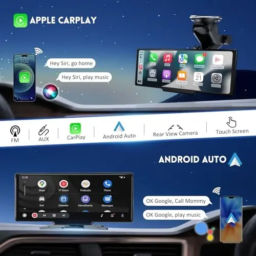 Portable Carplay Screen for Car, 10.26 Inch Wireless Car Play & Android Auto, Upgrade Touchscreen with 4K Dash Cam, Backup Camera/Mirror Link/Voice Control/Bluetooth/GPS/AUX/FM for All Vehicles - 2