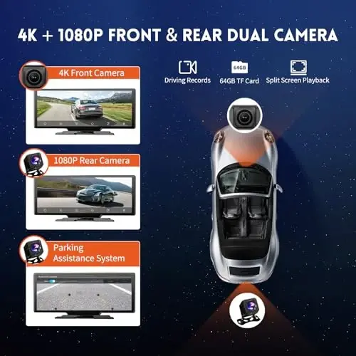 Portable Carplay Screen for Car, 10.26 Inch Wireless Car Play & Android Auto, Upgrade Touchscreen with 4K Dash Cam, Backup Camera/Mirror Link/Voice Control/Bluetooth/GPS/AUX/FM for All Vehicles - 3