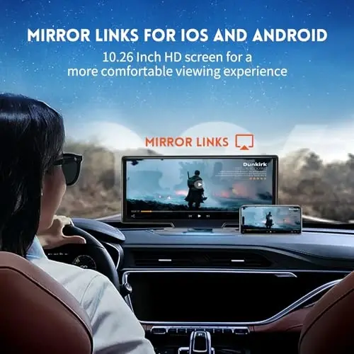 Portable Carplay Screen for Car, 10.26 Inch Wireless Car Play & Android Auto, Upgrade Touchscreen with 4K Dash Cam, Backup Camera/Mirror Link/Voice Control/Bluetooth/GPS/AUX/FM for All Vehicles - 6