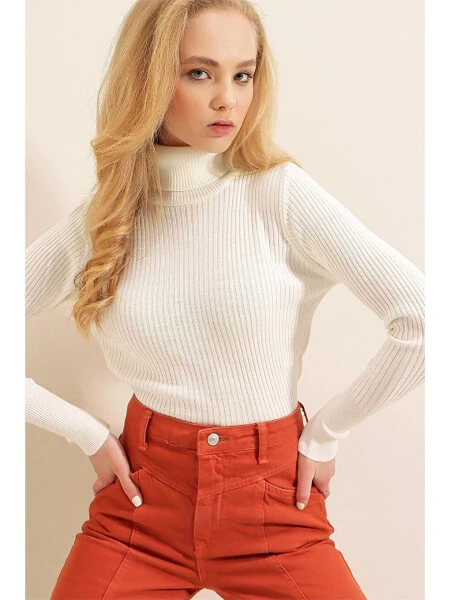 10311 Balıkçı Yaka Triko Kazak - Beyaz-Beyaz - Modazone