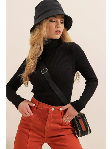 10311 Balıkçı Yaka Triko Kazak - Siyah-Siyah - Modazone