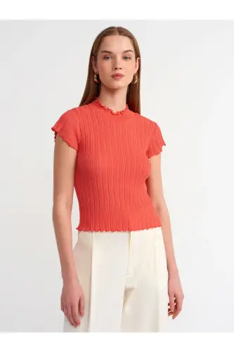 10518 Stand-up Collar Transparent Tricot Blouse-red-Red - 1