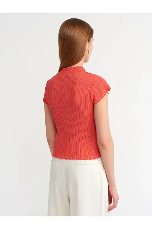 10518 Stand-up Collar Transparent Tricot Blouse-red-Red - 2