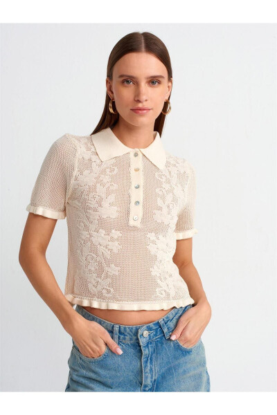 10529 Polo Neck Lace-Up Knit Blouse - Ecru - DILVIN
