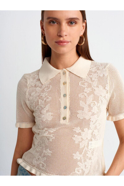 10529 Polo Neck Lace-Up Knit Blouse - Ecru - DILVIN (1)