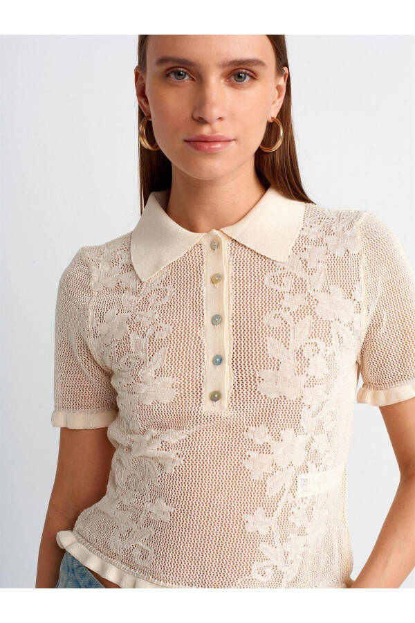 10529 Polo Neck Lace-Up Knit Blouse - Ecru - 2