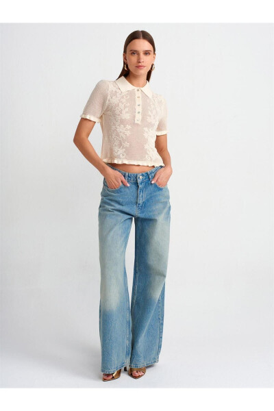 10529 Polo Neck Lace-Up Knit Blouse - Ecru - 4