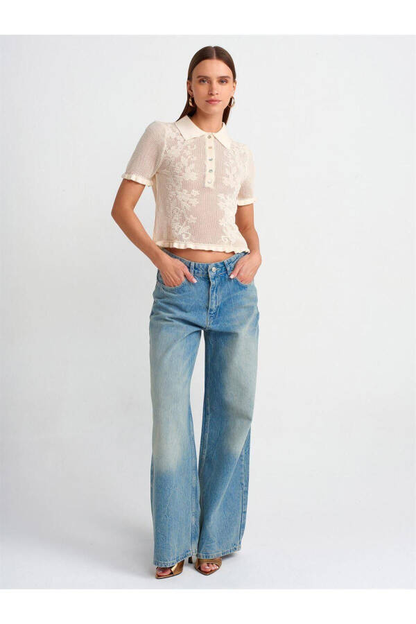 10529 Polo Yaka Ajurli Tugmalarli Triko Bluzka - Ekru - 4